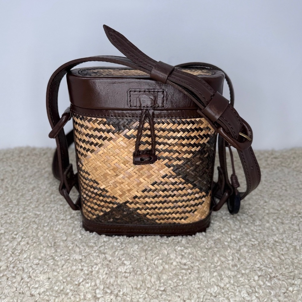 The Sak Cassia Bucket Bag Heritage Balinese Rattan Leather Crossbody Brown Woven